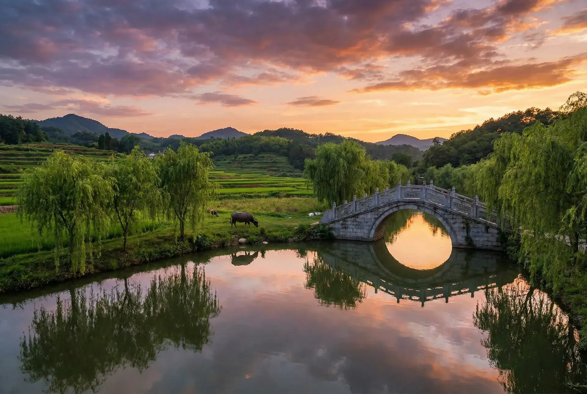 夕阳下的石拱桥与垂柳，水牛在河边吃草 - 武林外传电影版高清下载 乡村美景